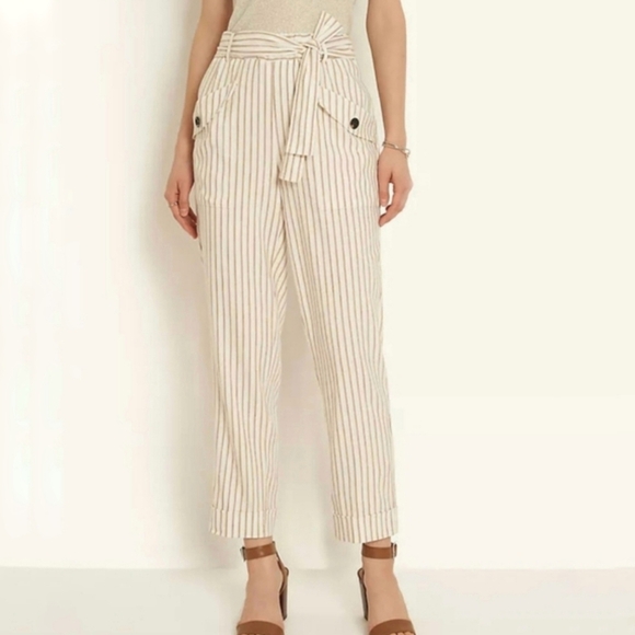 Ann Taylor New Ivory Stripe Belted Linen Drapey Cargo Ankle Pants Womens SZ 8 - Picture 1 of 13
